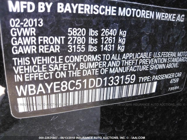 WBAYE8C51DD133159 - 2013 BMW 750 LI BLACK photo 9