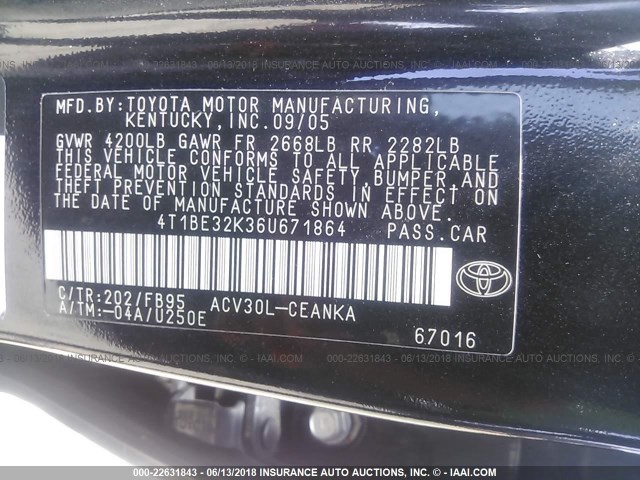 4T1BE32K36U671864 - 2006 TOYOTA CAMRY LE/XLE/SE შავი ფოტო 9