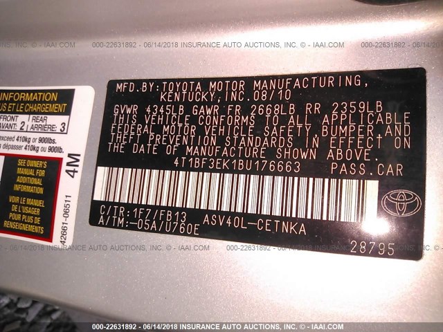 4T1BF3EK1BU176663 - 2011 TOYOTA CAMRY SE/LE/XLE SILVER photo 9