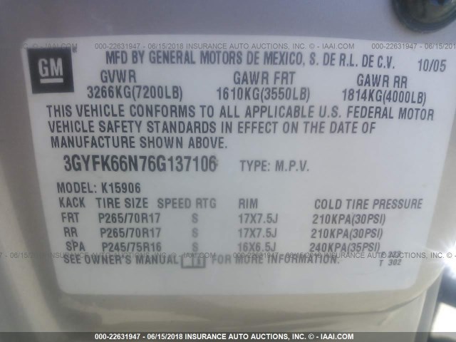 3GYFK66N76G137106 - 2006 CADILLAC ESCALADE ESV SILVER photo 9