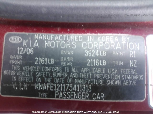 KNAFE121175411313 - 2007 KIA SPECTRA EX/LX RED photo 9