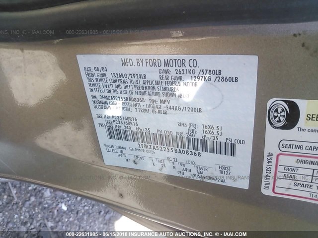 2FMZA52255BA08368 - 2005 FORD FREESTAR SEL BROWN photo 9