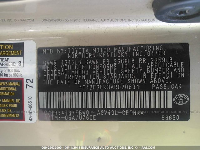 4T4BF3EK3AR020631 - 2010 TOYOTA CAMRY SE/LE/XLE 金色 照片 9