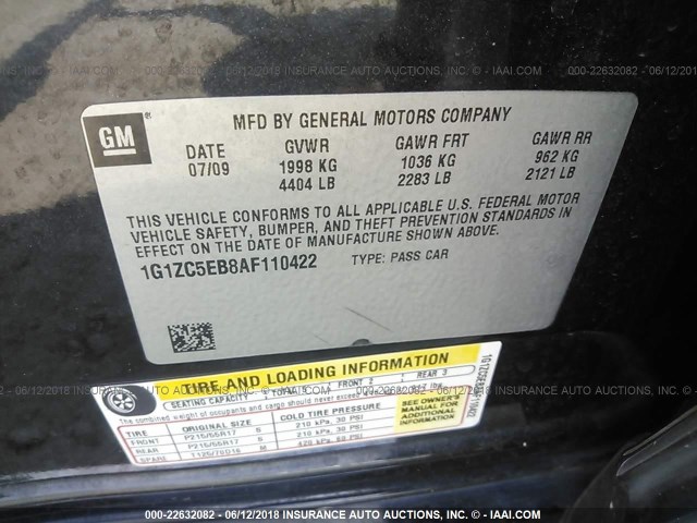 1G1ZC5EB8AF110422 - 2010 CHEVROLET MALIBU 1LT 黑色 照片 9