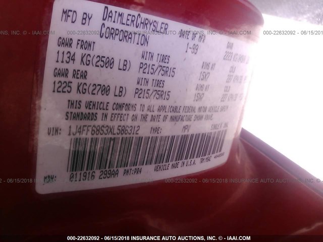 1J4FF68S3XL586312 - 1999 JEEP CHEROKEE SPORT/CLASSIC წითელი ფოტო 9