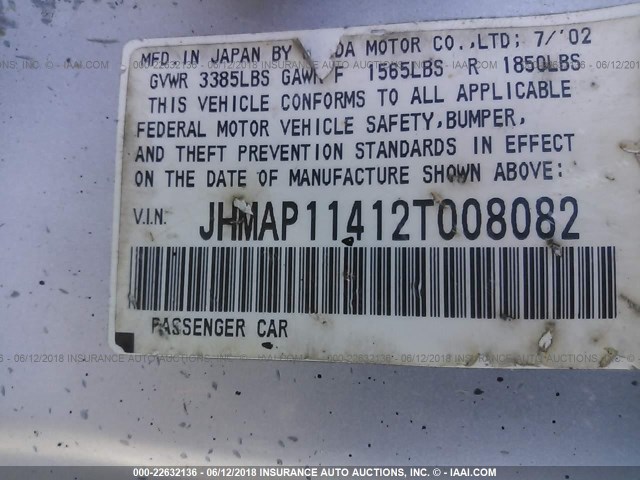 JHMAP11412T008082 - 2002 HONDA S2000 SILVER photo 9