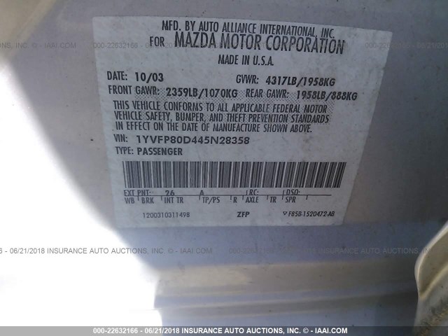 1YVFP80D445N28358 - 2004 MAZDA 6 S GRAY photo 9