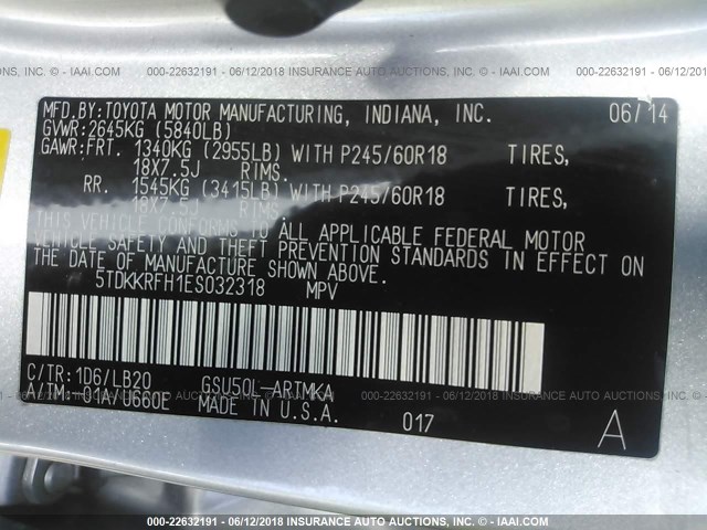 5TDKKRFH1ES032318 - 2014 TOYOTA HIGHLANDER XLE SILVER photo 9