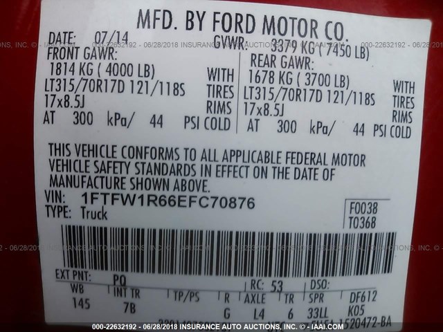 1FTFW1R66EFC70876 - 2014 FORD F150 SVT RAPTOR RED photo 9