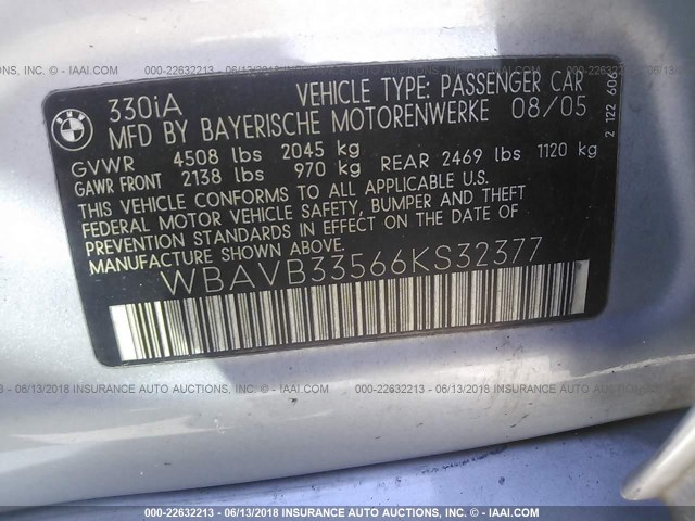 WBAVB33566KS32377 - 2006 BMW 330 I GRAY photo 9