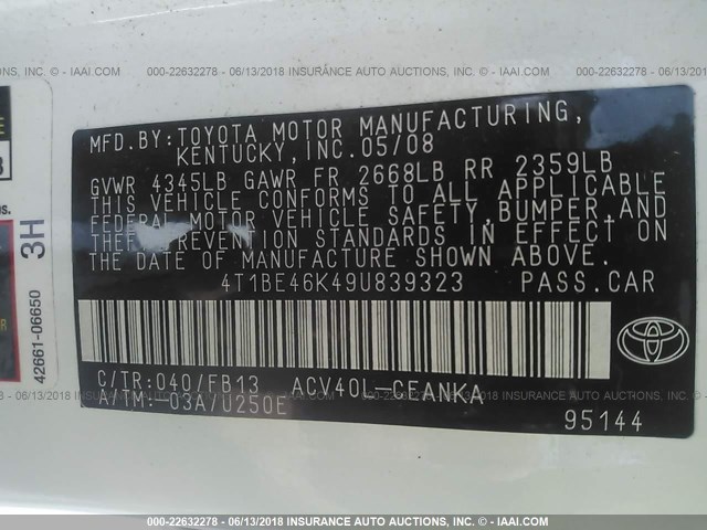 4T1BE46K49U839323 - 2009 TOYOTA CAMRY SE/LE/XLE 白色 照片 9