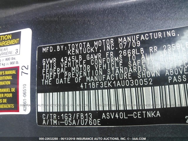 4T1BF3EK1AU030052 - 2010 TOYOTA CAMRY SE/LE/XLE 灰色 照片 9