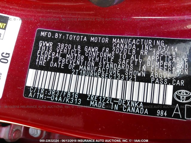 2T1BURHE8EC133121 - 2014 TOYOTA COROLLA L/LE/LE PLS/PRM/S/S PLS RED photo 9