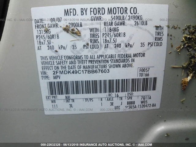 2FMDK49C17BB67603 - 2007 FORD EDGE SEL PLUS CREAM photo 9