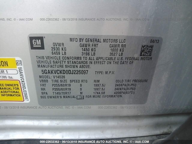 5GAKVCKD0DJ226097 - 2013 BUICK ENCLAVE SILVER photo 9