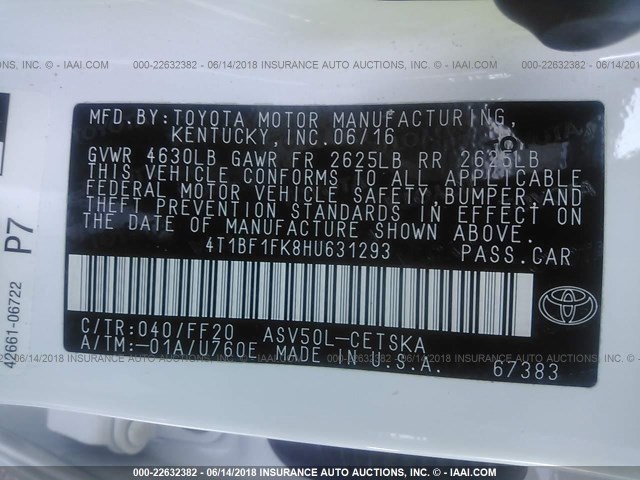 4T1BF1FK8HU631293 - 2017 TOYOTA CAMRY LE/XLE/SE/XSE 白色 照片 9