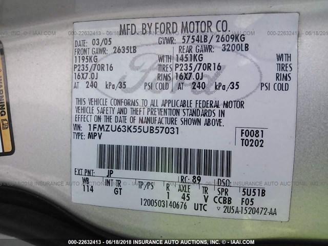 1FMZU63K55UB57031 - 2005 FORD EXPLORER XLT/XLT SPORT/NBX 银色 照片 9