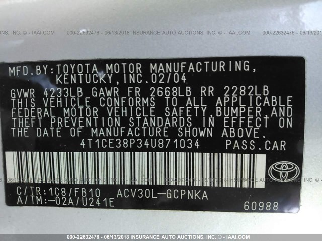 4T1CE38P34U871034 - 2004 TOYOTA CAMRY SOLARA SE/SLE 银色 照片 9