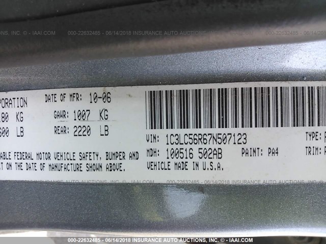 1C3LC56R67N507123 - 2007 CHRYSLER SEBRING TOURING SILVER photo 9