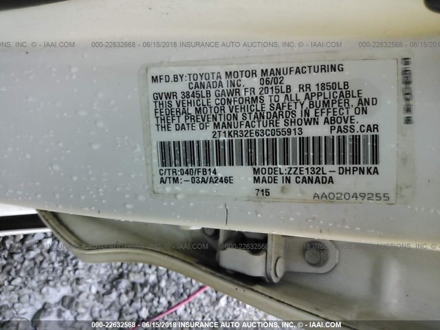 2T1KR32E63C055913 - 2003 TOYOTA COROLLA MATRIX XR WHITE photo 9