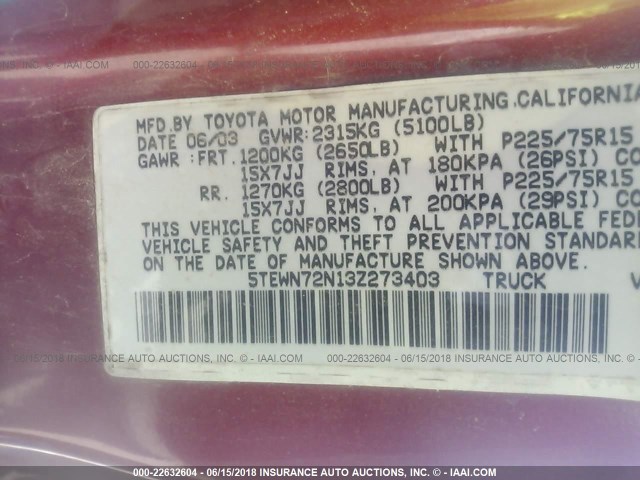 5TEWN72N13Z273403 - 2003 TOYOTA TACOMA XTRACAB BURGUNDY photo 9