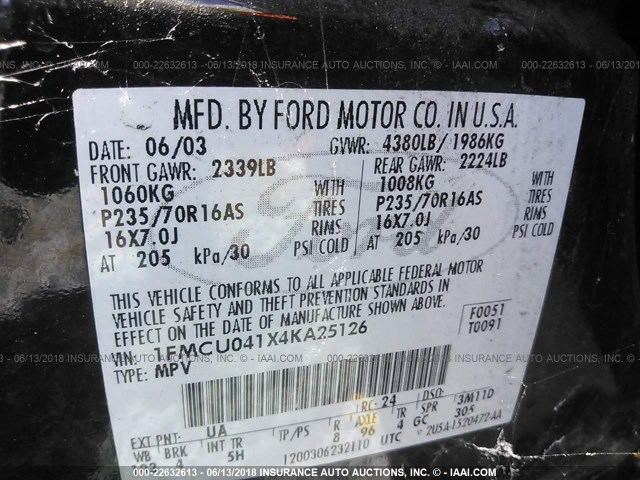 1FMCU041X4KA25126 - 2004 FORD ESCAPE LIMITED BLACK photo 9