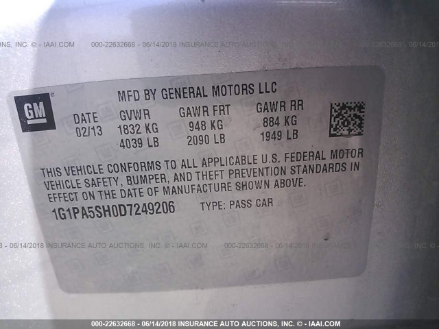 1G1PA5SH0D7249206 - 2013 CHEVROLET CRUZE LS SILVER photo 9