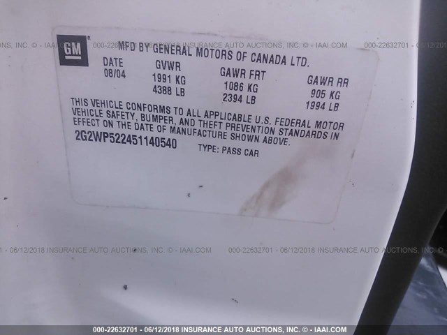 2G2WP522451140540 - 2005 PONTIAC GRAND PRIX WHITE photo 9