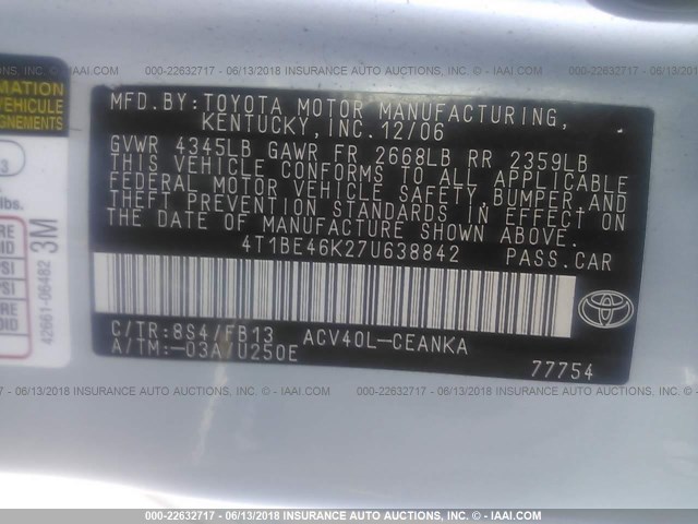 4T1BE46K27U638842 - 2007 TOYOTA CAMRY NEW GENERAT CE/LE/XLE/SE BLUE photo 9