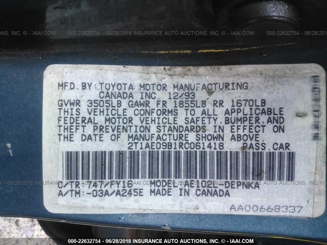 2T1AE09B1RC061418 - 1994 TOYOTA COROLLA LE/DX ლურჯი ფოტო 9