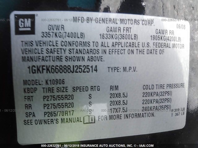 1GKFK66888J252514 - 2008 GMC YUKON XL DENALI BLACK photo 9