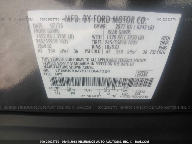 1FM5K8AR5GGA47324 - 2016 FORD EXPLORER POLICE INTERCEPTOR GRAY photo 9