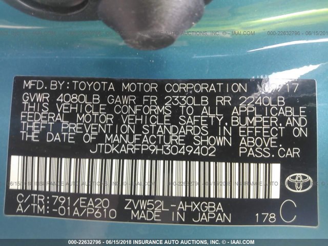JTDKARFP9H3049402 - 2017 TOYOTA PRIUS PRIME  青绿色 照片 9