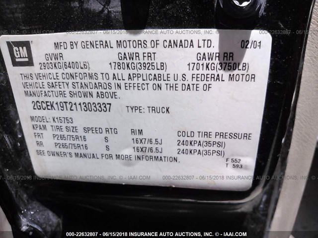 2GCEK19T211303337 - 2001 CHEVROLET SILVERADO K1500 BLACK photo 9