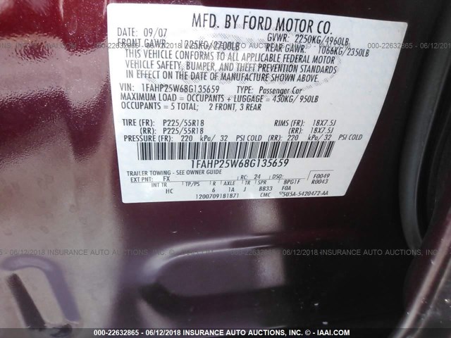 1FAHP25W68G135659 - 2008 FORD TAURUS LIMITED RED photo 9