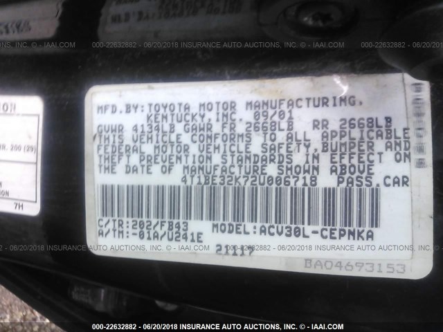 4T1BE32K72U006718 - 2002 TOYOTA CAMRY LE/XLE/SE შავი ფოტო 9