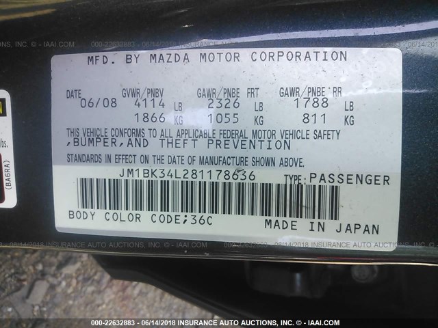 JM1BK34L281178636 - 2008 MAZDA SPEED 3 GRAY photo 9