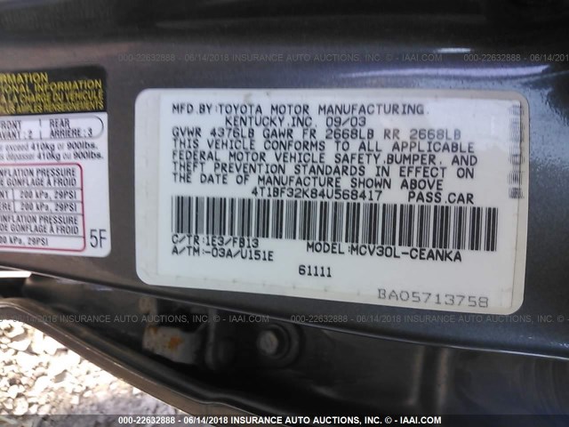 4T1BF32K84U568417 - 2004 TOYOTA CAMRY LE/XLE/SE 灰色 照片 9