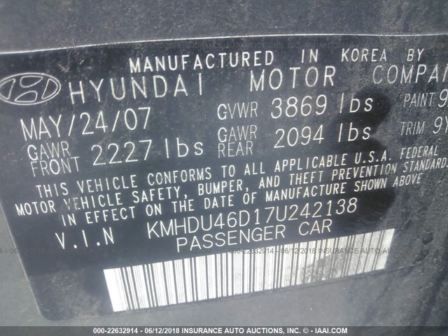 KMHDU46D17U242138 - 2007 HYUNDAI ELANTRA GLS/SE/LIMITED GRAY photo 9