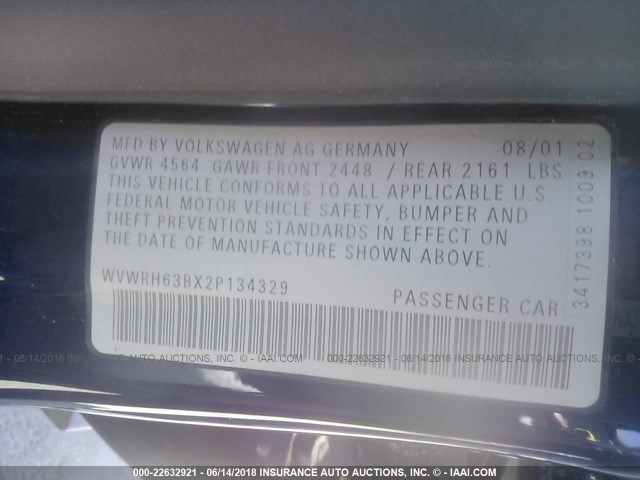 WVWRH63BX2P134329 - 2002 VOLKSWAGEN PASSAT GLX 深蓝色 照片 9