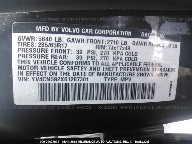 YV4CN592X61287301 - 2006 VOLVO XC90 BLACK photo 9