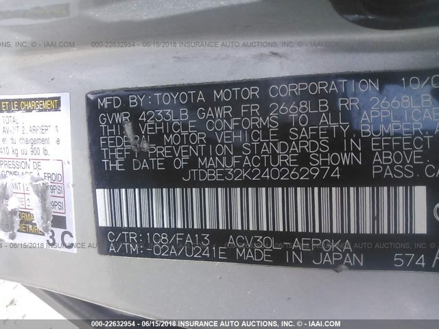 JTDBE32K240262974 - 2004 TOYOTA CAMRY LE/XLE SILVER photo 9