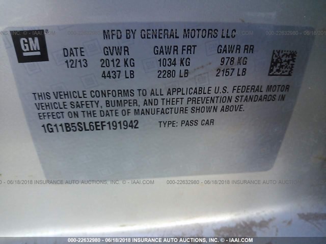 1G11B5SL6EF191942 - 2014 CHEVROLET MALIBU LS GRAY photo 9