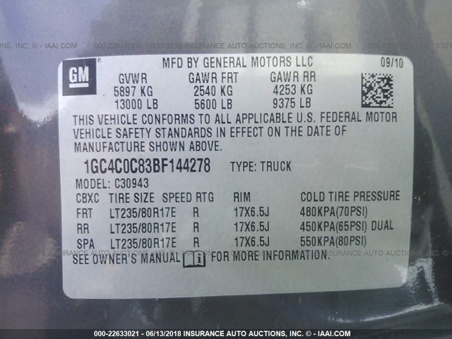 1GC4C0C83BF144278 - 2011 CHEVROLET SILVERADO C3500 LT GRAY photo 9