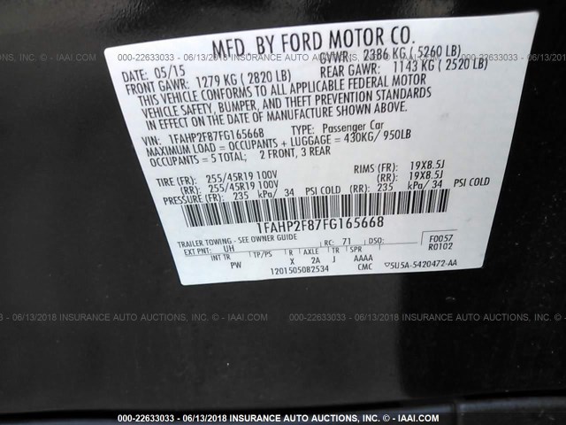 1FAHP2F87FG165668 - 2015 FORD TAURUS LIMITED BLACK photo 9