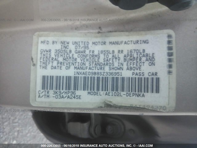 1NXAE09B8SZ336951 - 1995 TOYOTA COROLLA LE/DX 棕色 照片 9