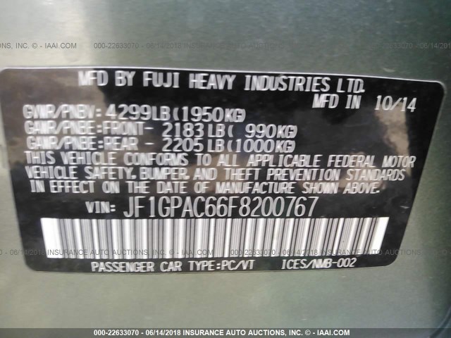 JF1GPAC66F8200767 - 2015 SUBARU IMPREZA PREMIUM GREEN photo 9