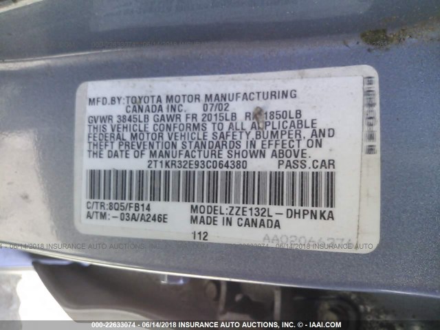 2T1KR32E93C064380 - 2003 TOYOTA COROLLA MATRIX XR BLUE photo 9