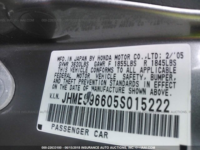 JHMES96605S015222 - 2005 HONDA CIVIC HYBRID GRAY photo 9