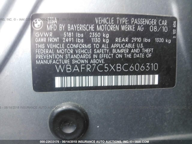 WBAFR7C5XBC606310 - 2011 BMW 535 I GRAY photo 9